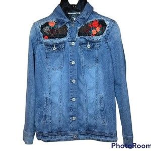 Embroidered flower & lace detail Denim jean Jacket; size small